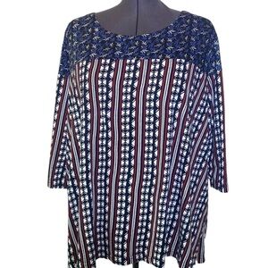 ULLA POPKEN Women's plus size 32/34 red blue white cotton tunic top pull over